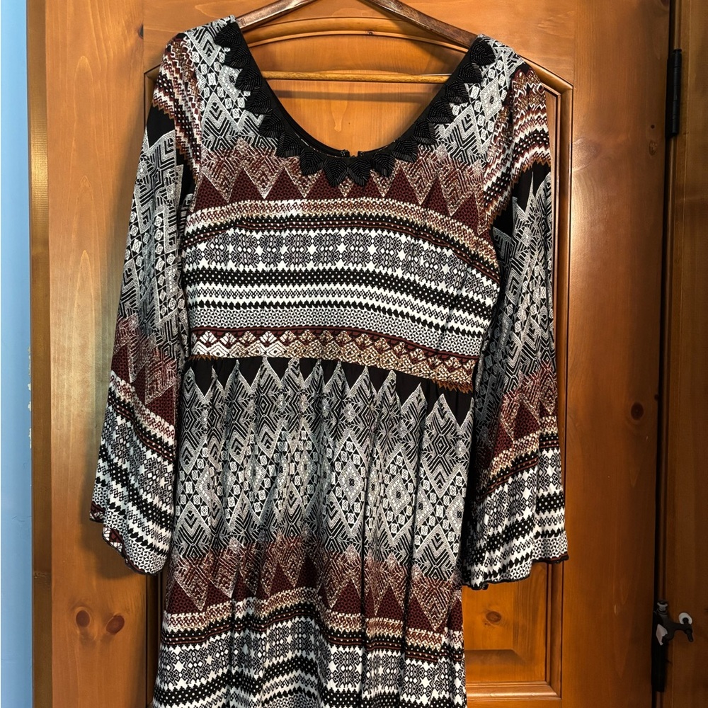Alya Black and Brown Geometric Long Sleeve Dress